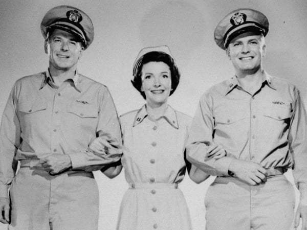 Ronald Reagan (from left), Nancy Davis Reagan and Arthur Franz co-star in the 1957 movie Hellcats of the Navy. It was the only film Nancy and Ronald Reagan appeared in together.